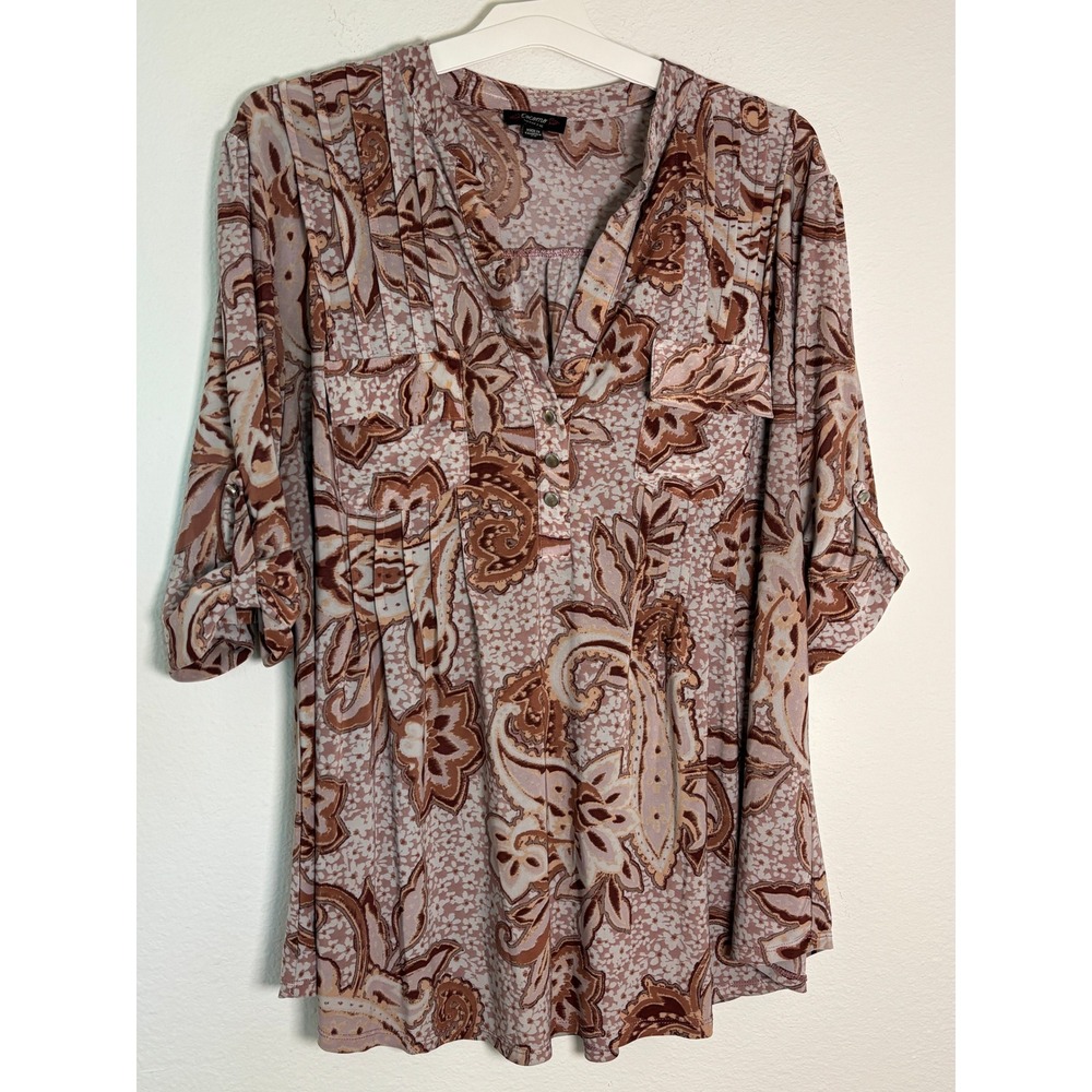 Cocomo Woman 2X Paisley Floral Roll Tab Sleeve V-Neck Pleated Blouse Brown Pink